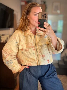 Free People Butter Yellow Floral Brocade Jacket with Metallic Accents